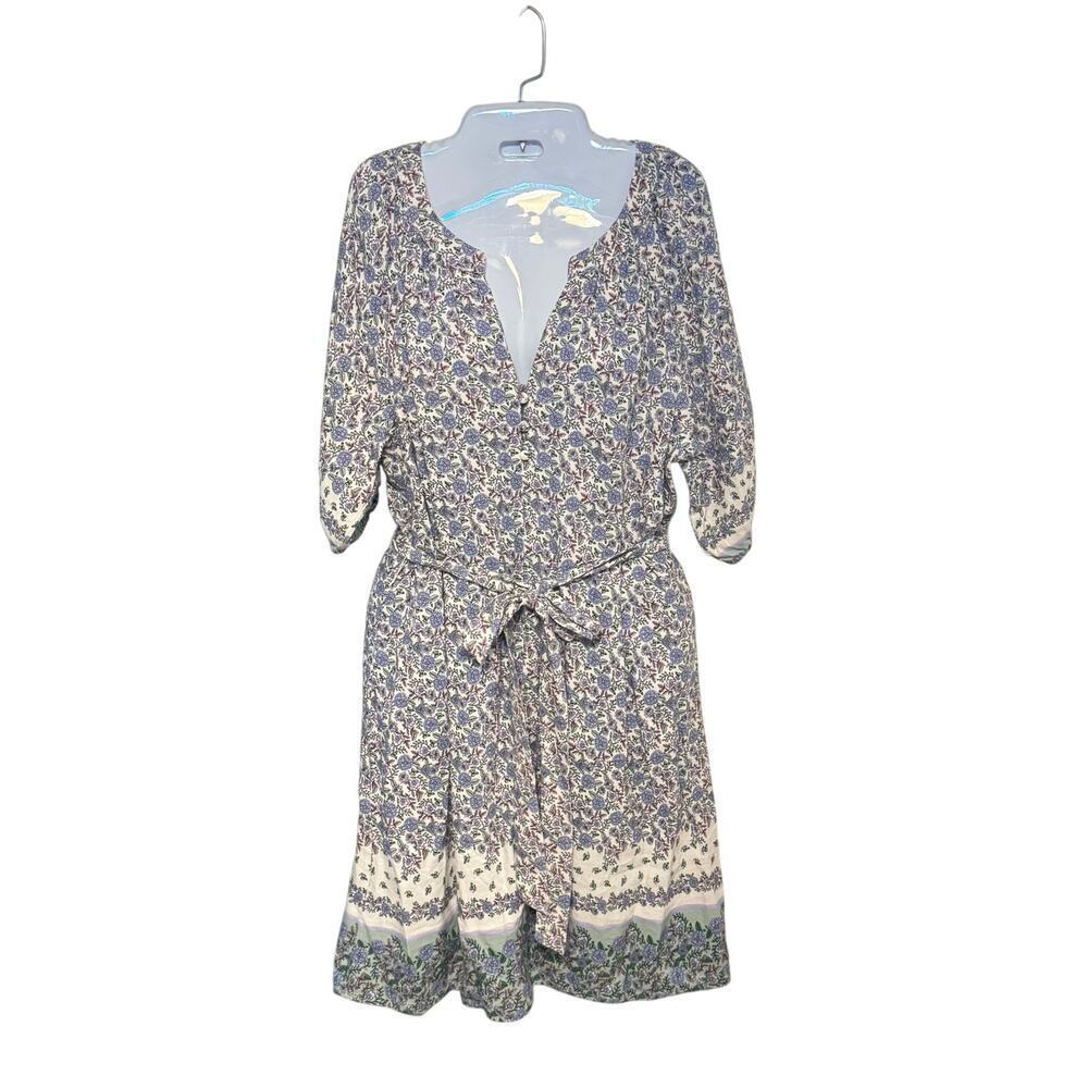 LOFT Purple Floral Print Linen Blend V-Neck Belted Elbow Sleeve Dress‎ Sz L
